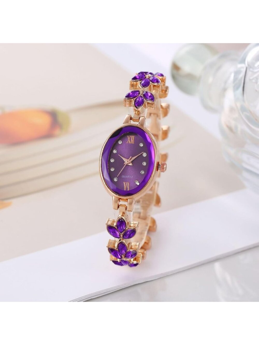 Women's Purple Luxury Petal Casual Bracelet Simulated Quartz Elegant Wrist Watch - Picture 6 of 6